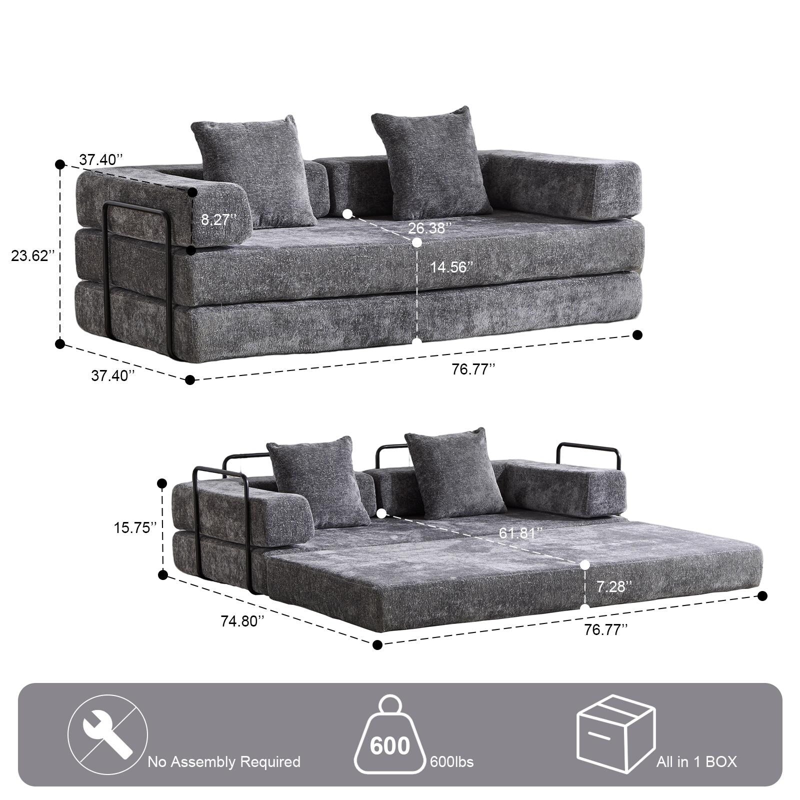 Canapé-lit de sol convertible avec dossier à coussins en tissu chenille pour salon et chambre à coucher
