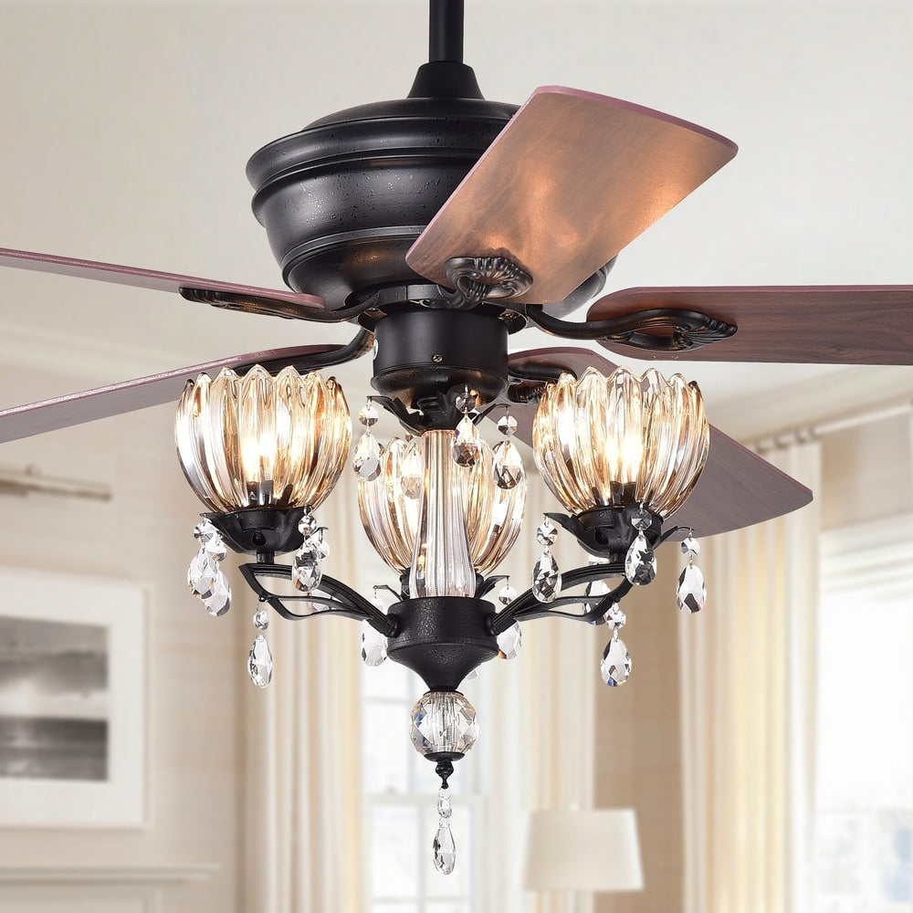 Ventilateur de plafond lumineux Garlow à 5 pales, noir mat, avec lustre à coupelles en cristal en forme de fleur (télécommande incluse) - 132 cm de diamètre
