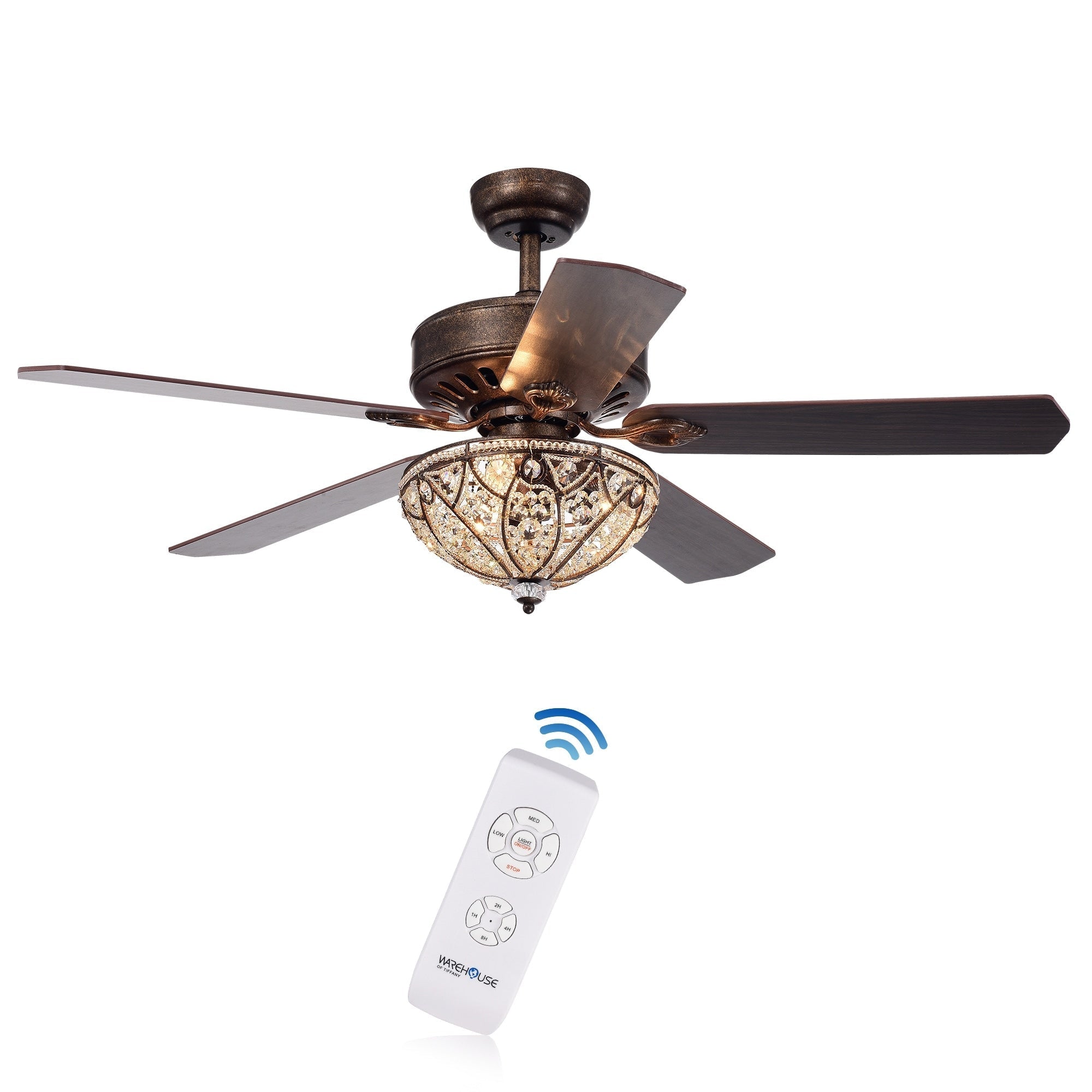 Ventilateur de plafond Gliska à 5 pales, finition bronze rustique, avec abat-jour en cristal