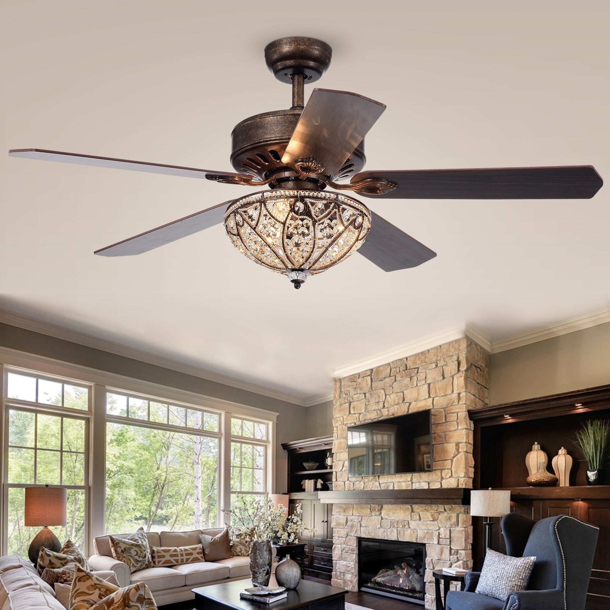 Ventilateur de plafond Gliska à 5 pales, finition bronze rustique, avec abat-jour en cristal