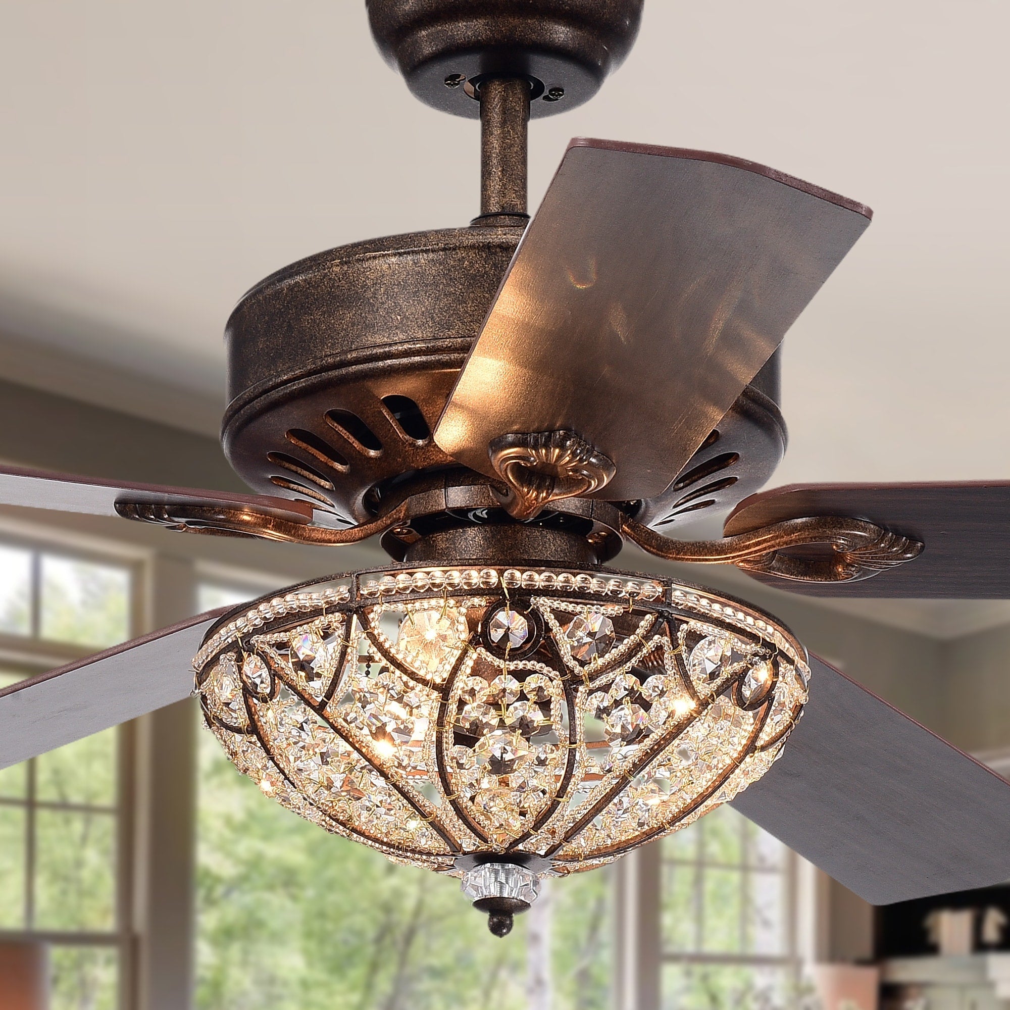 Ventilateur de plafond Gliska à 5 pales, finition bronze rustique, avec abat-jour en cristal