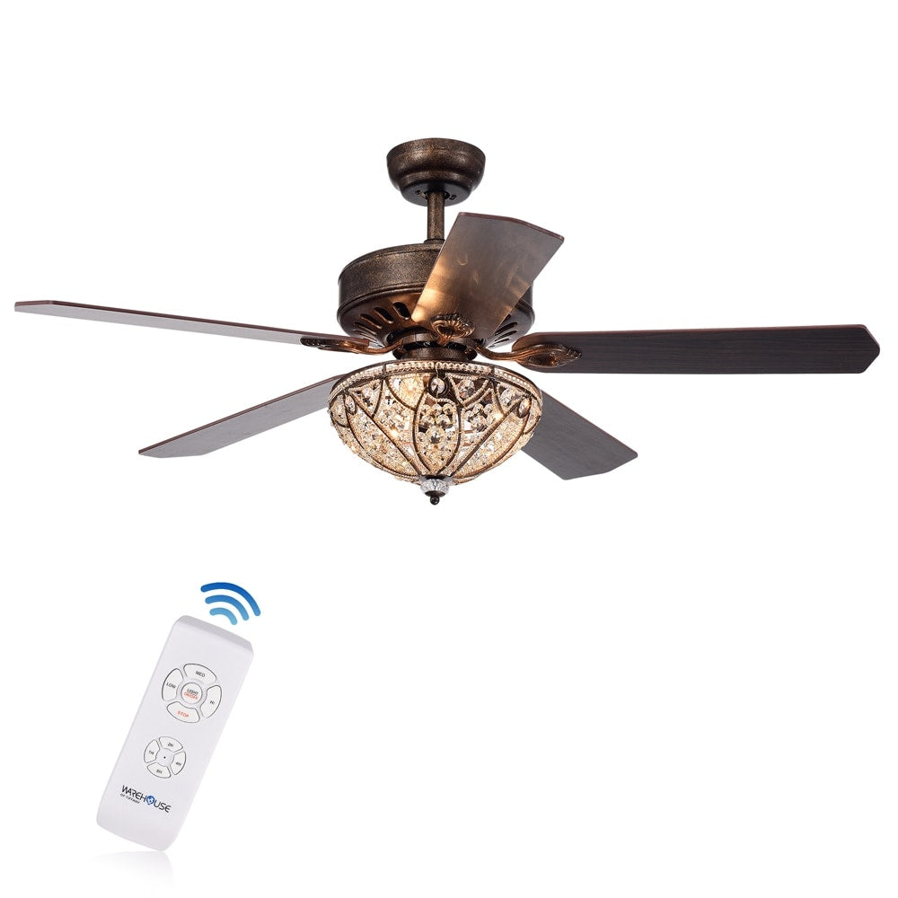 Ventilateur de plafond Gliska à 5 pales, finition bronze rustique, avec abat-jour en cristal