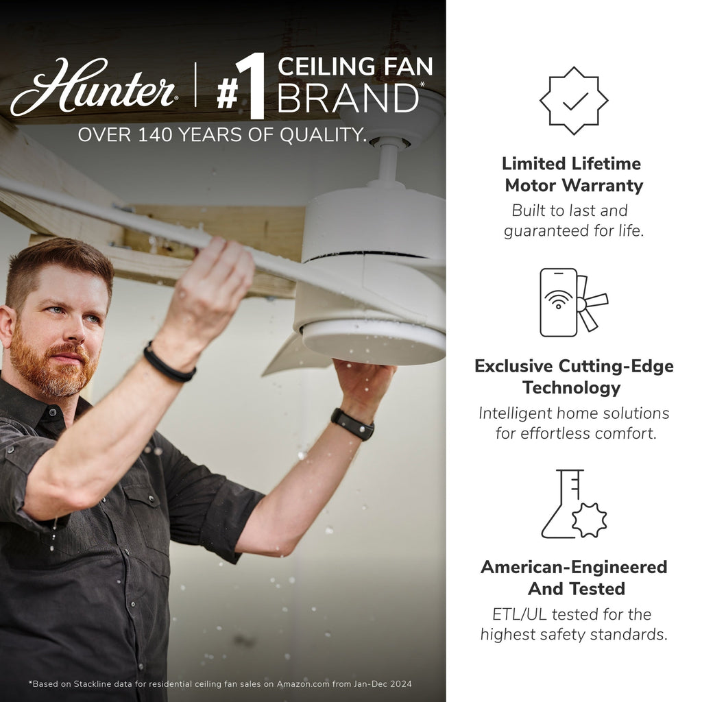 Ventilateur de plafond extérieur Hunter 52 Skyflow avec kit d'éclairage LED, commande murale - Style côtier moderne contemporain - WeatherMax - RÉSISTANT À L'EAU !