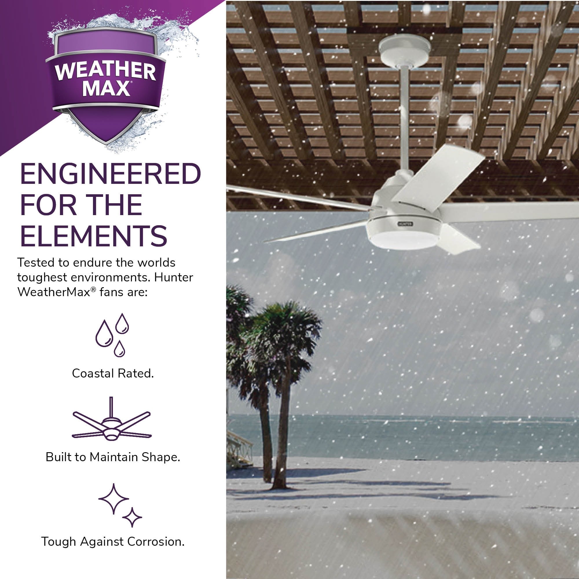 Ventilateur de plafond extérieur Hunter 52 Skyflow avec kit d'éclairage LED, commande murale - Style côtier moderne contemporain - WeatherMax - RÉSISTANT À L'EAU !