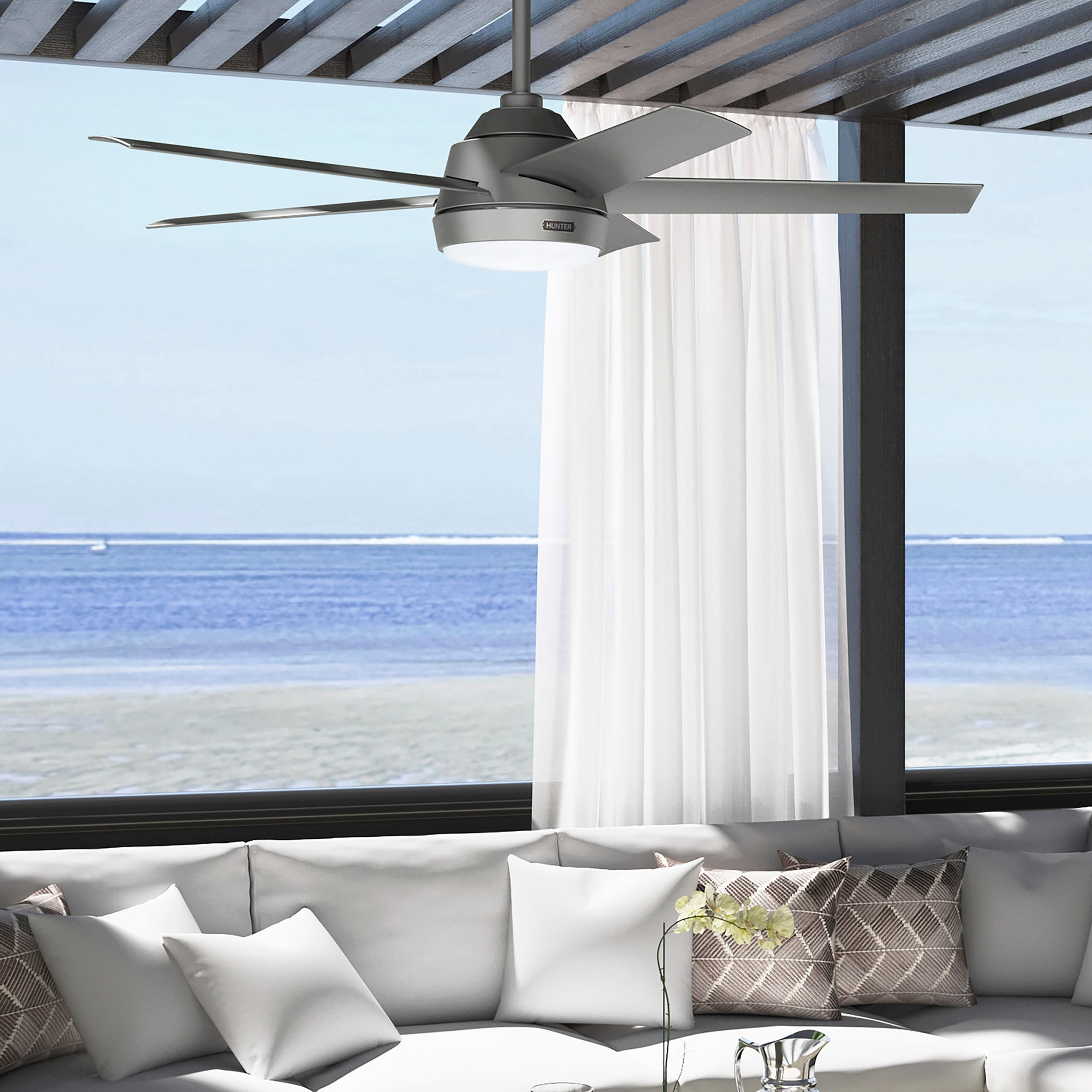 Ventilateur de plafond extérieur Hunter 52 Skyflow avec kit d'éclairage LED, commande murale - Style côtier moderne contemporain - WeatherMax - RÉSISTANT À L'EAU !