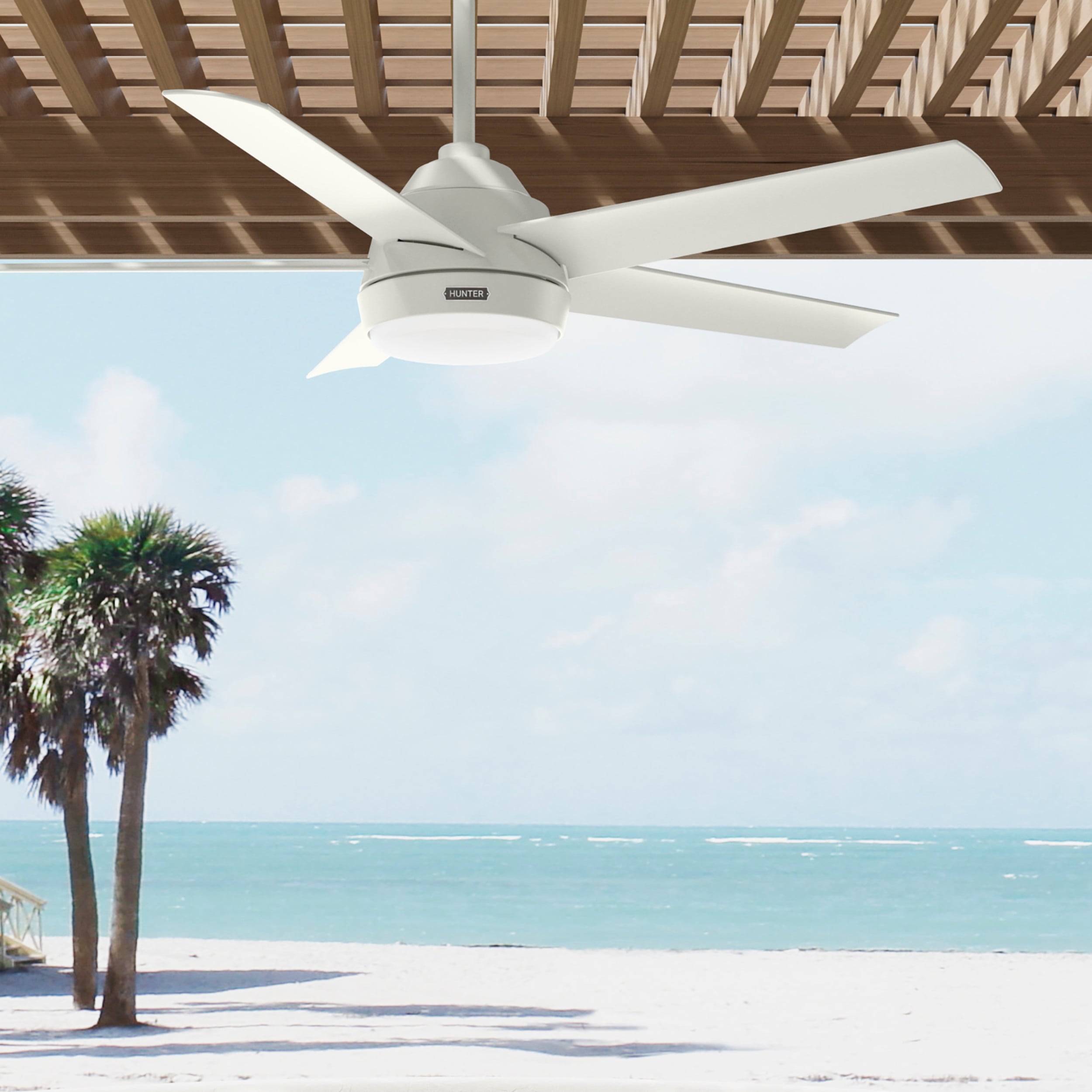 Ventilateur de plafond extérieur Hunter 52 Skyflow avec kit d'éclairage LED, commande murale - Style côtier moderne contemporain - WeatherMax - RÉSISTANT À L'EAU !