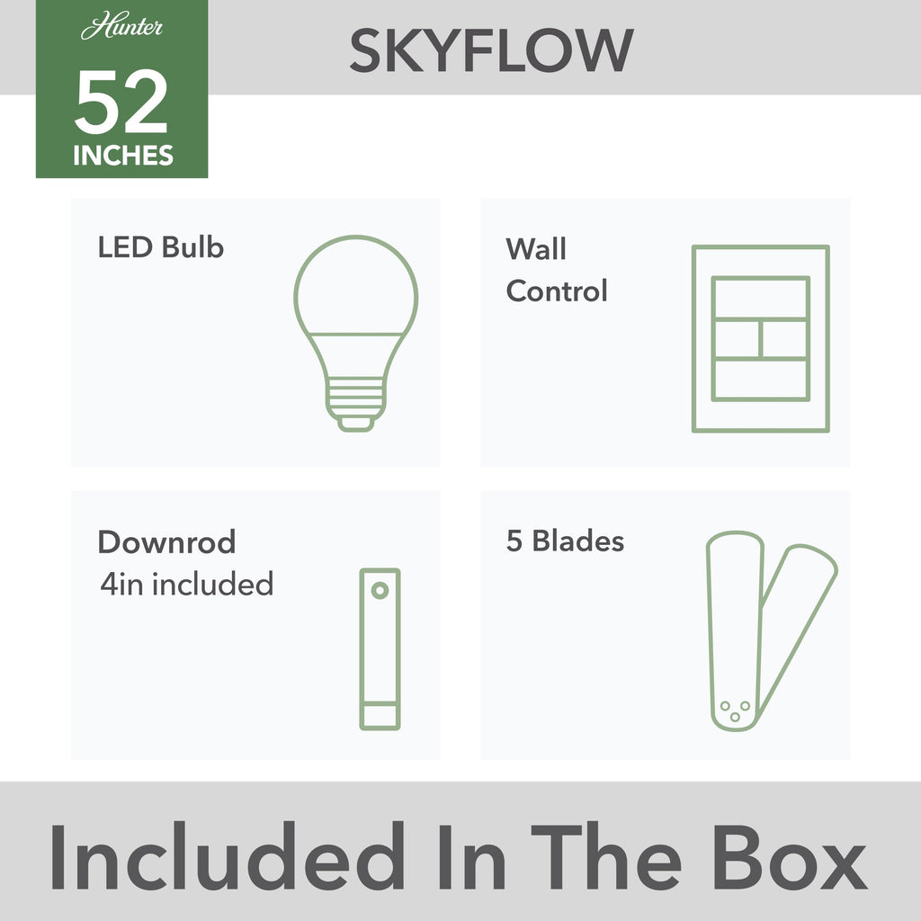 Ventilateur de plafond extérieur Hunter 52 Skyflow avec kit d'éclairage LED, commande murale - Style côtier moderne contemporain - WeatherMax - RÉSISTANT À L'EAU !