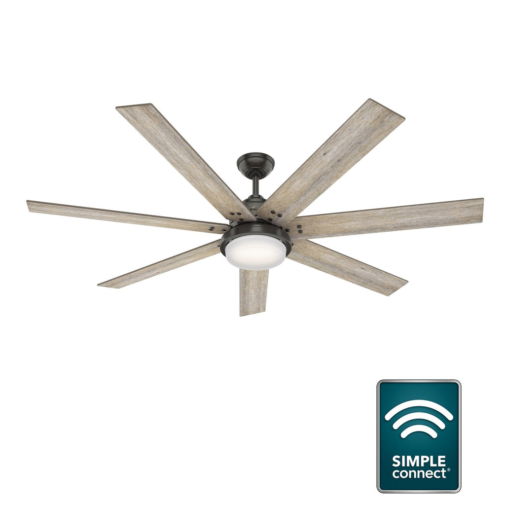 Ventilateur de plafond Hunter WiFi Whittington avec lumière LED, télécommande portable - Moulin à vent - Style industriel, campagnard, rustique - VENTILATEUR INTELLIGENT !