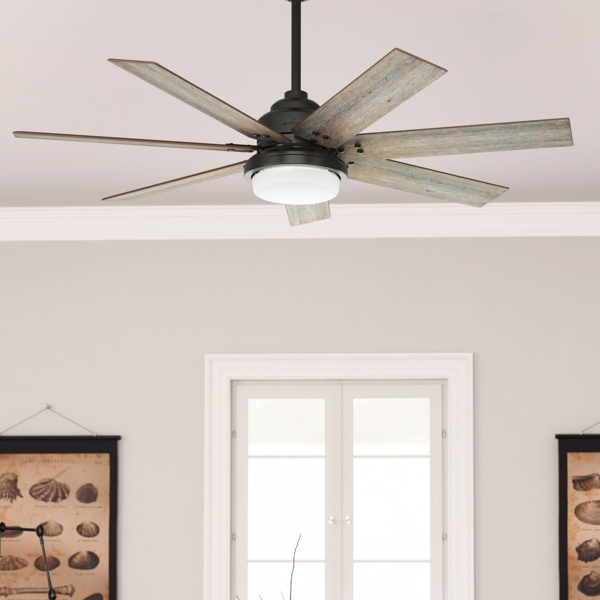 Ventilateur de plafond Hunter WiFi Whittington avec lumière LED, télécommande portable - Moulin à vent - Style industriel, campagnard, rustique - VENTILATEUR INTELLIGENT !