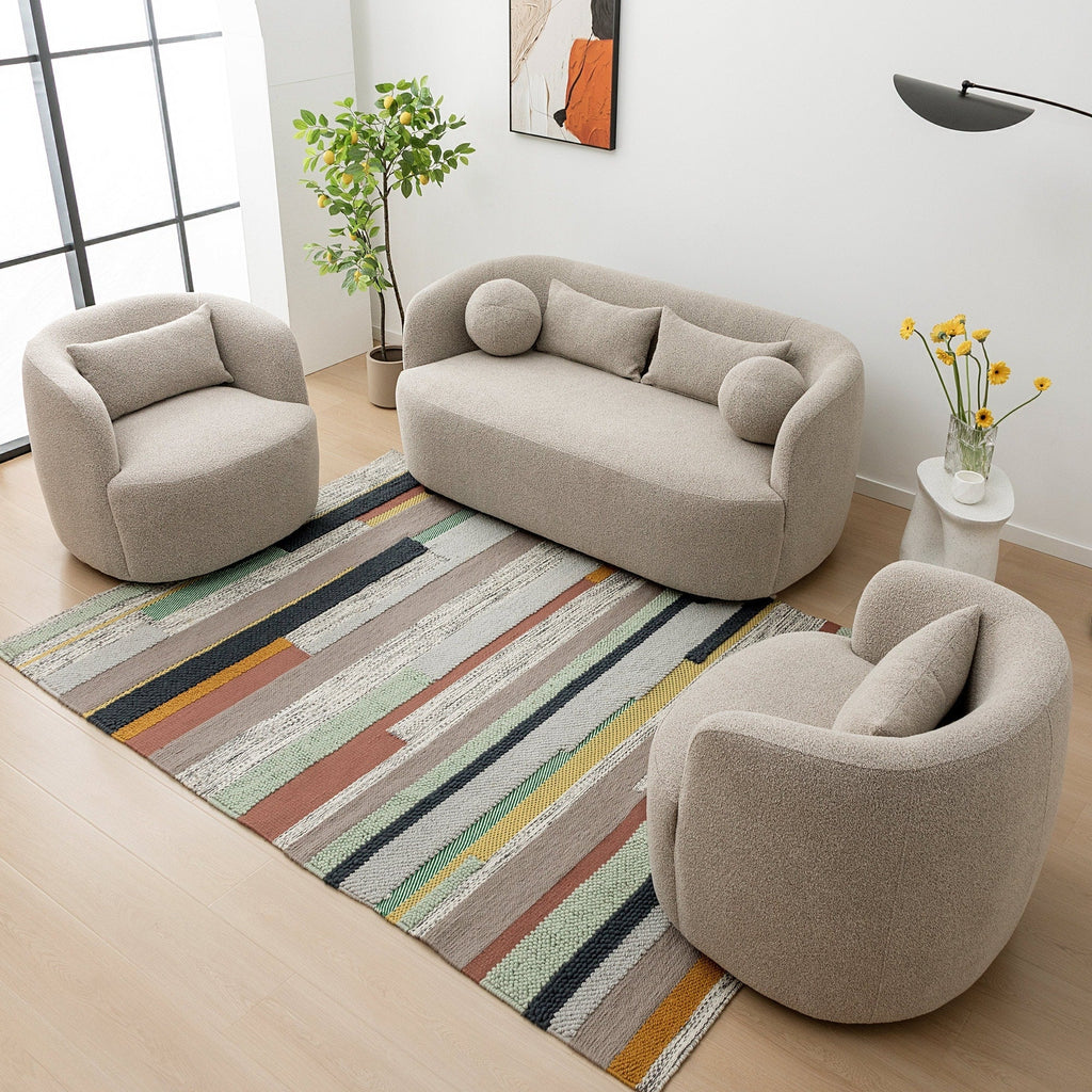 Canapé 2 places KINWELL en tissu bouclé avec coussins