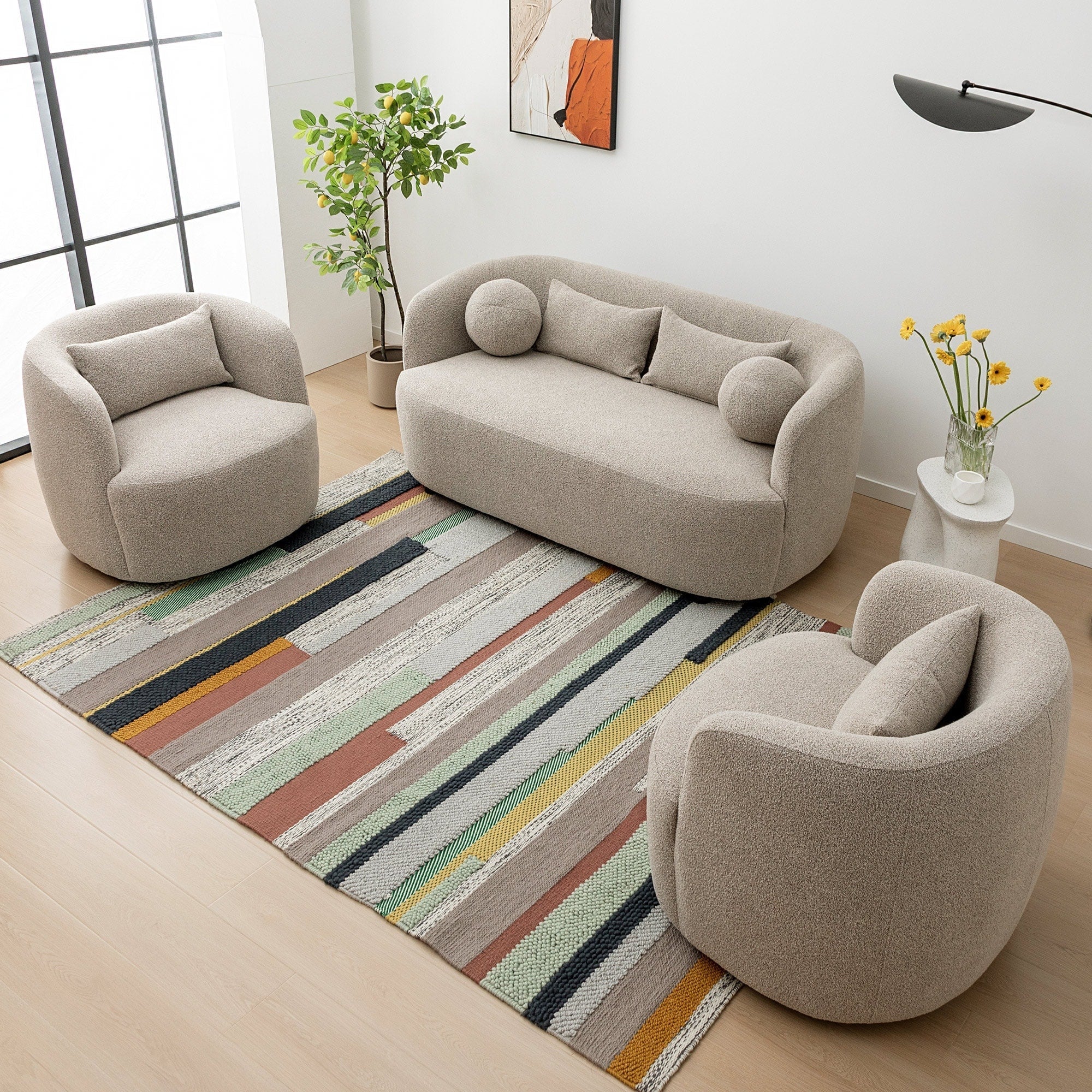 Canapé 2 places KINWELL en tissu bouclé avec coussins