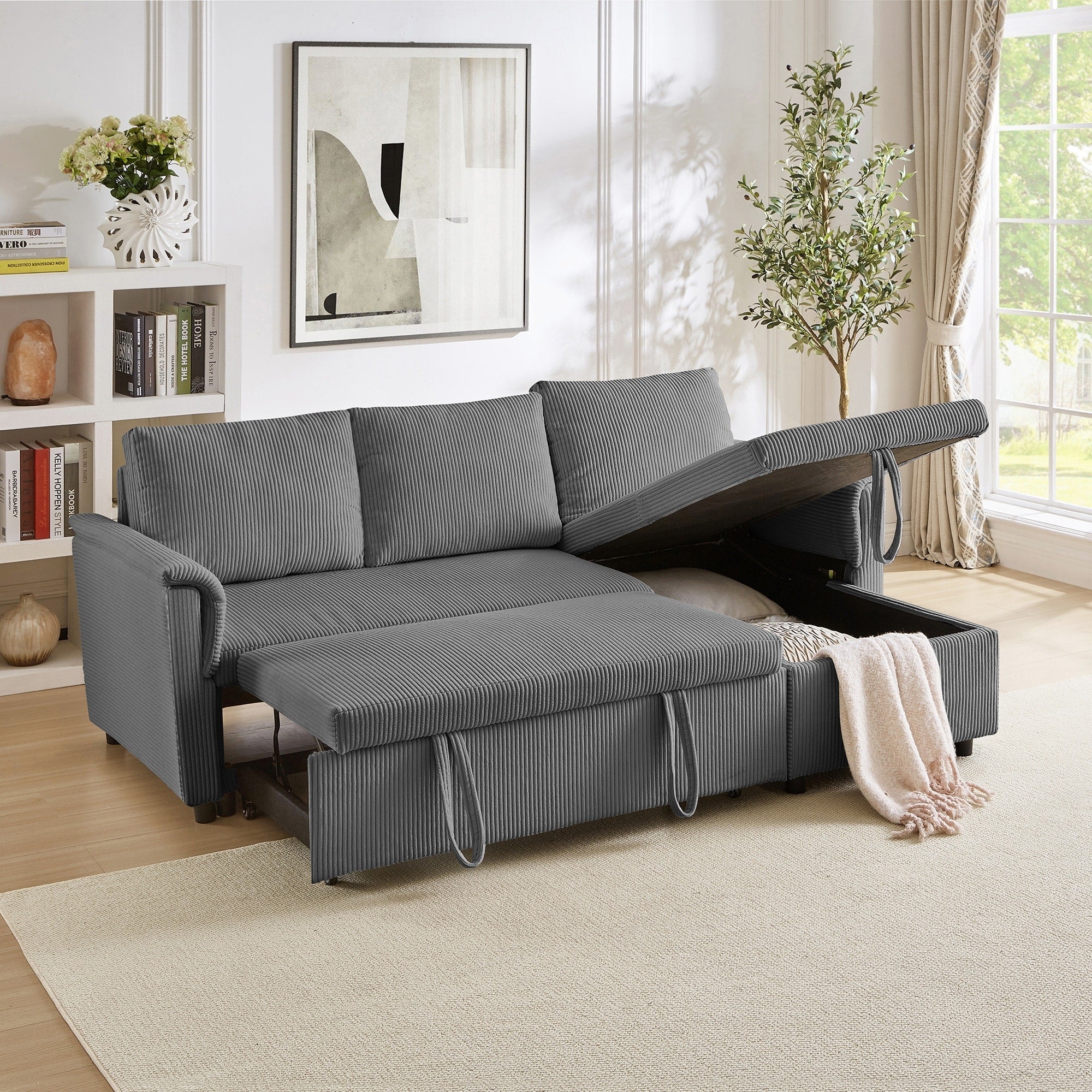 Canapé deux places avec méridienne, canapé d'angle modulable convertible avec méridienne de rangement