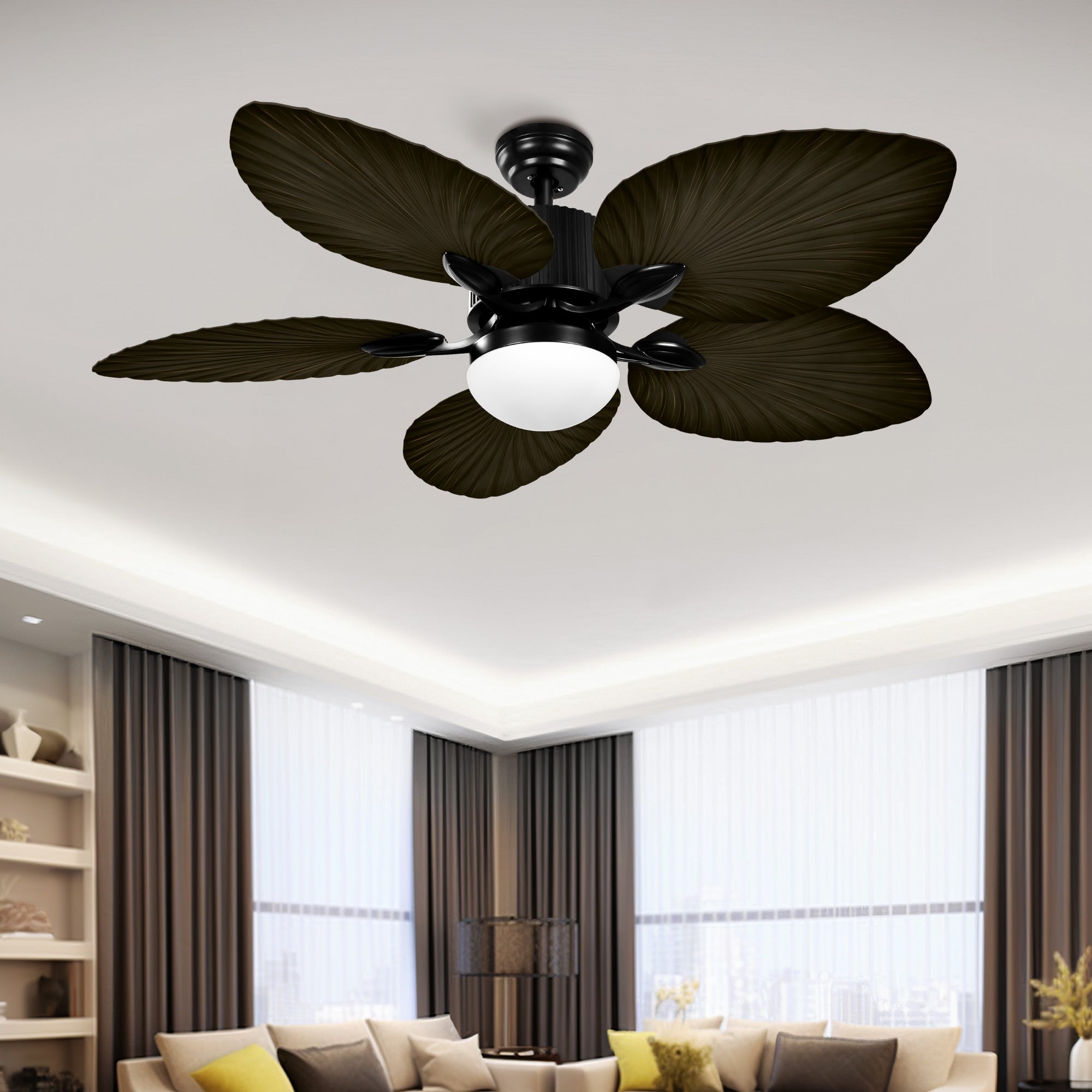 Ventilateur de plafond Moasis 52 à motif feuilles de palmier avec éclairage, style tropical et télécommande