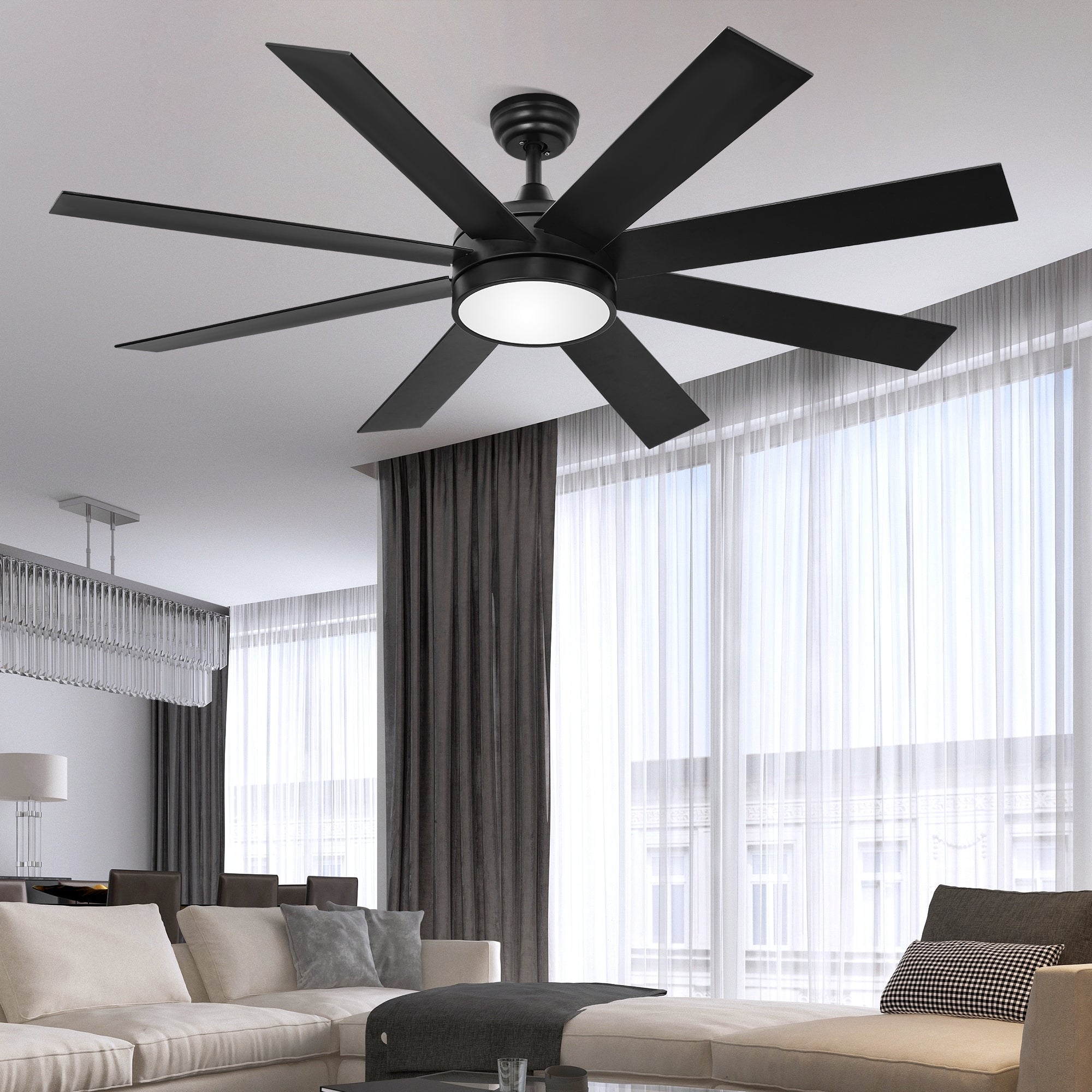 Ventilateur de plafond Moasis noir mat 60 pouces à 8 pales avec lumière LED et télécommande - 60