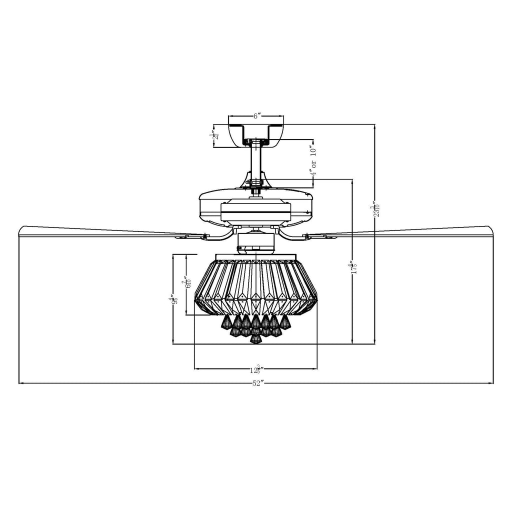 Ventilateur de plafond moderne chromé de 132 cm avec lustre en cristal et télécommande