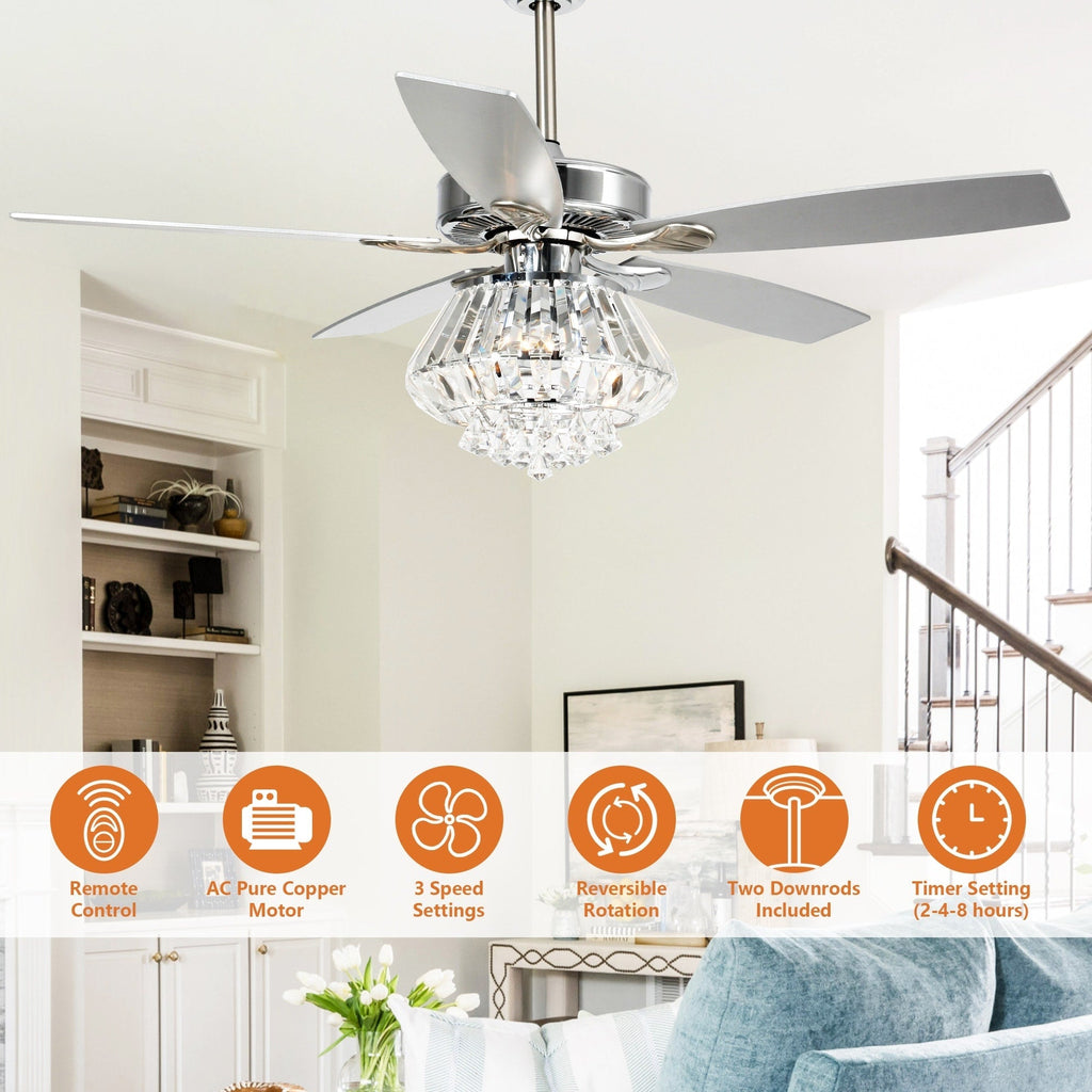 Ventilateur de plafond moderne chromé de 132 cm avec lustre en cristal et télécommande