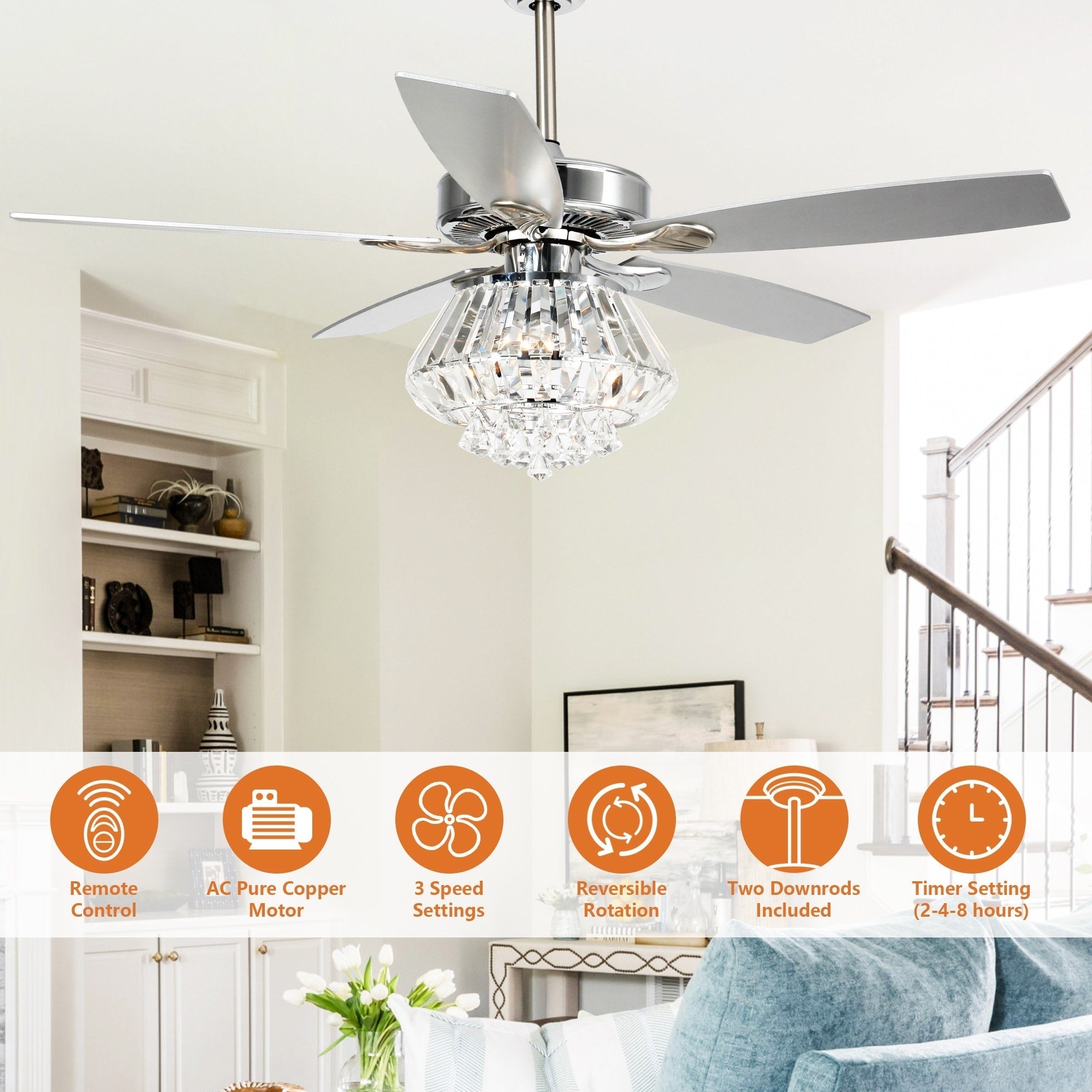 Ventilateur de plafond moderne chromé de 132 cm avec lustre en cristal et télécommande