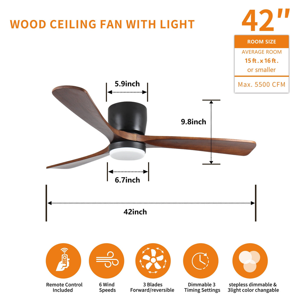 Ventilateur de plafond moderne encastré avec lustre, éclairage LED à intensité variable et télécommande, ventilateur de plafond à moteur réversible de 42 pouces pour salon, noir