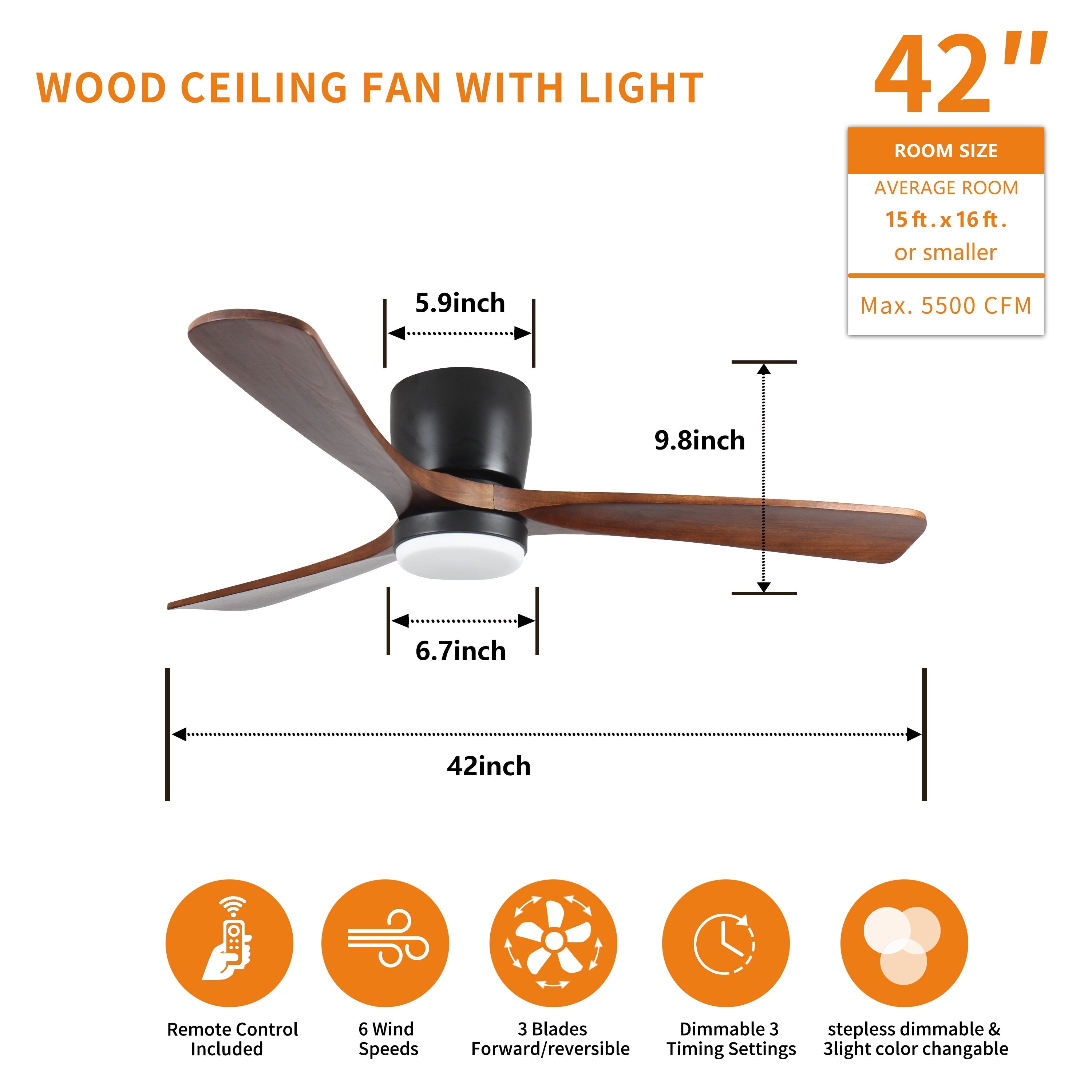 Ventilateur de plafond moderne encastré avec lustre, éclairage LED à intensité variable et télécommande, ventilateur de plafond à moteur réversible de 42 pouces pour salon, noir
