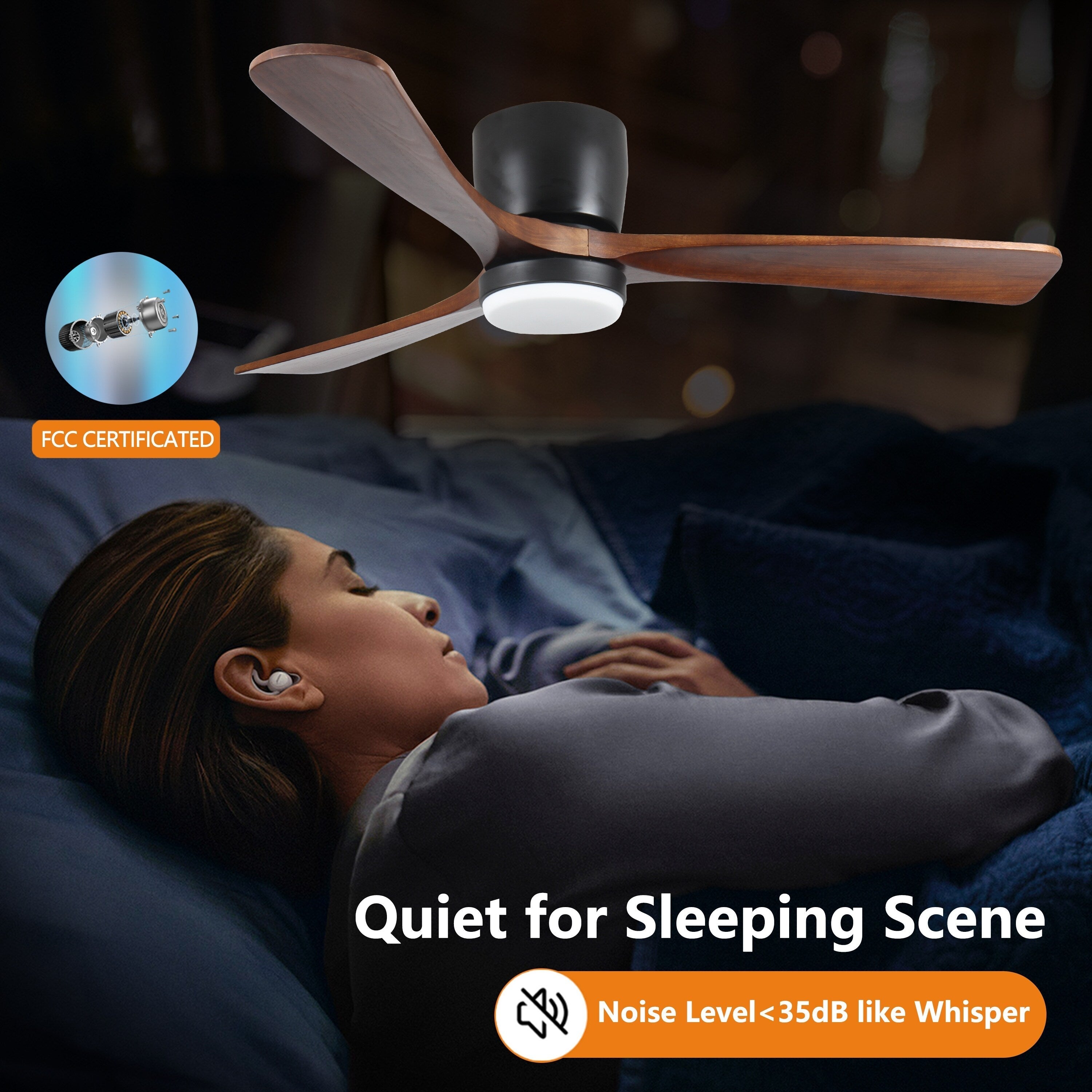 Ventilateur de plafond moderne encastré avec lustre, éclairage LED à intensité variable et télécommande, ventilateur de plafond à moteur réversible de 42 pouces pour salon, noir