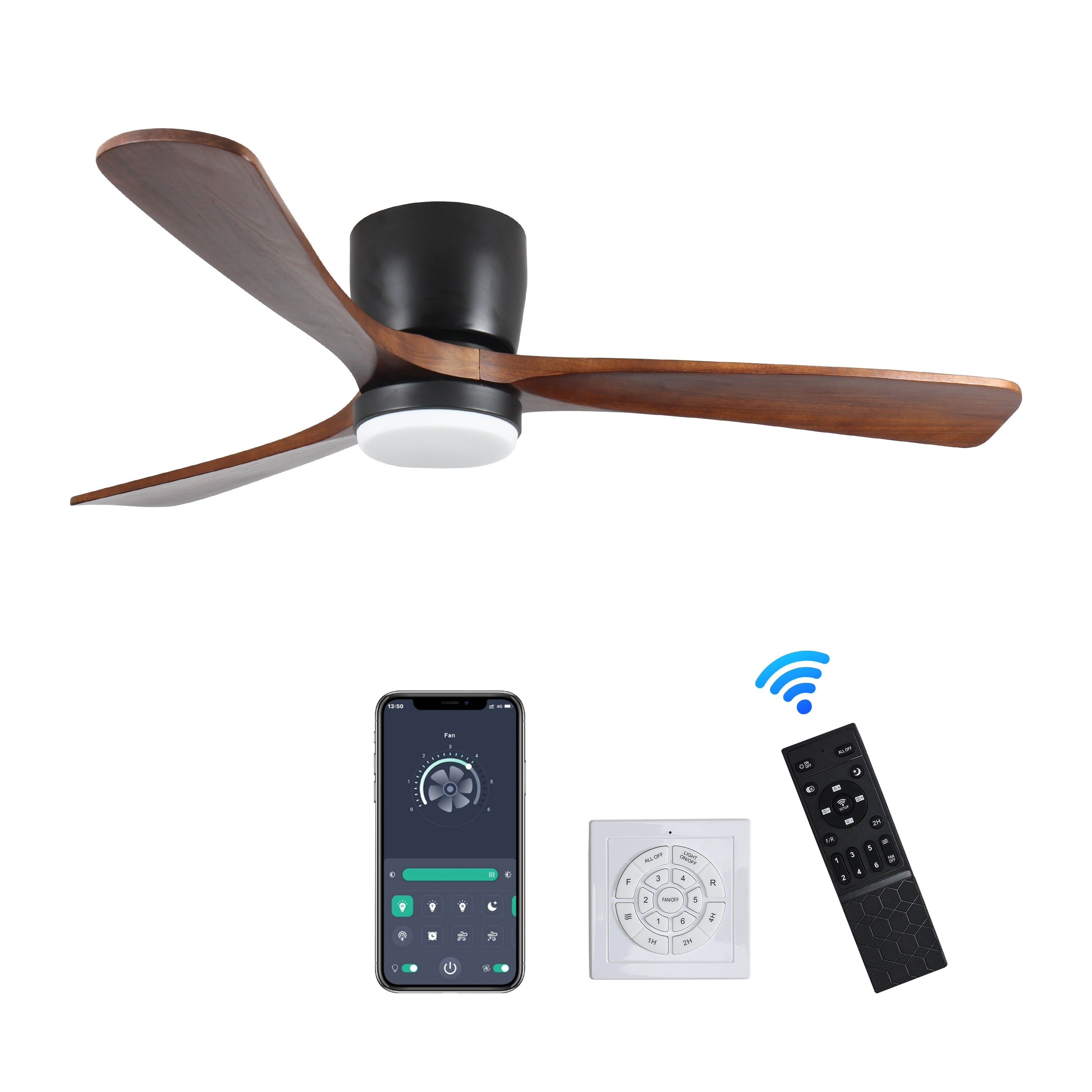 Ventilateur de plafond moderne encastré avec lustre, éclairage LED à intensité variable et télécommande, ventilateur de plafond à moteur réversible de 42 pouces pour salon, noir