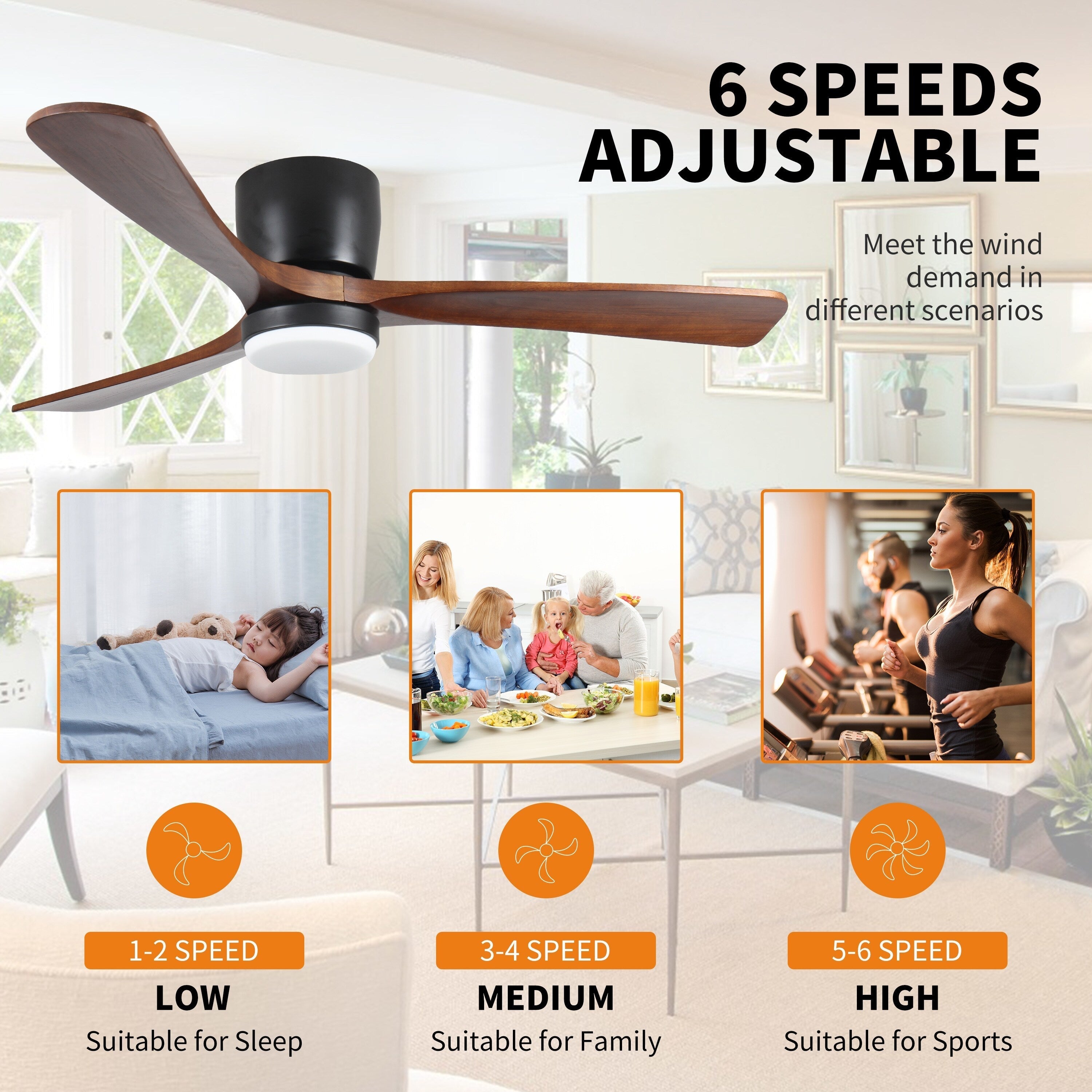 Ventilateur de plafond moderne encastré avec lustre, éclairage LED à intensité variable et télécommande, ventilateur de plafond à moteur réversible de 42 pouces pour salon, noir