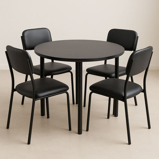 Ensemble de salle à manger rond en métal noir avec 4 chaises en PVC