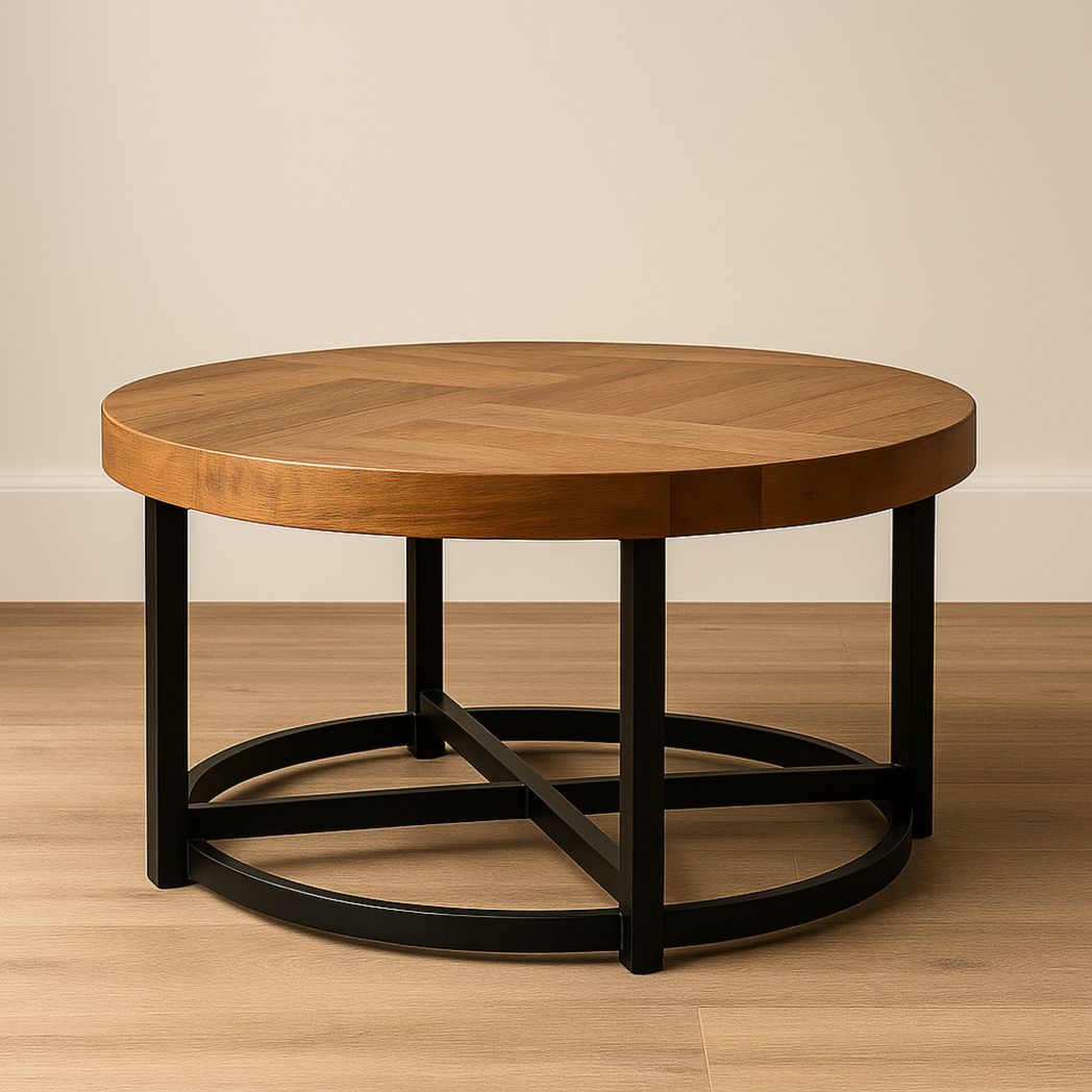 Table basse ronde en bois massif et métal noir, diamètre 90 cm, hauteur 45 cm
