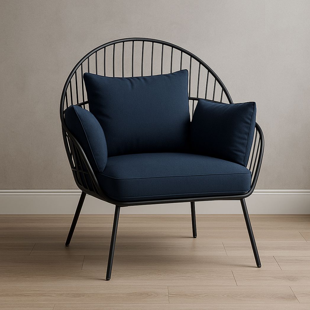 Fauteuil en Métal Noir avec Coussin Bleu Foncé
