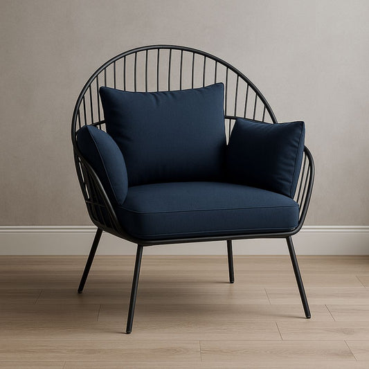 Fauteuil en Métal Noir avec Coussin Bleu Foncé