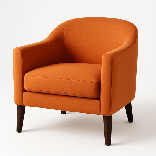 Fauteuil en tissu polyester forme arrondi pieds en bois hauteur 85cm largeur 80cm profondeur 78cm Orange