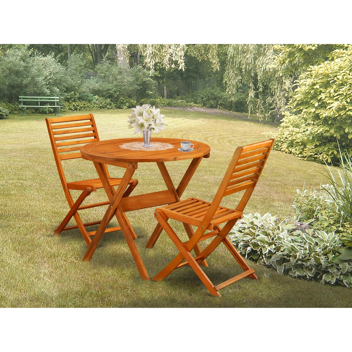 Ensemble bistro d'extérieur East West Furniture comprenant une table basse ronde en bois et 2 chaises pliantes, finition huile naturelle