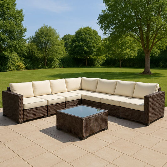 Salon de jardin modulaire en résine tressée marron/écru avec table en verre