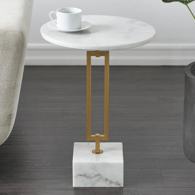Table d'appoint géométrique en marbre avec support rectangulaire en métal doré - Blanc - Roche River Decor