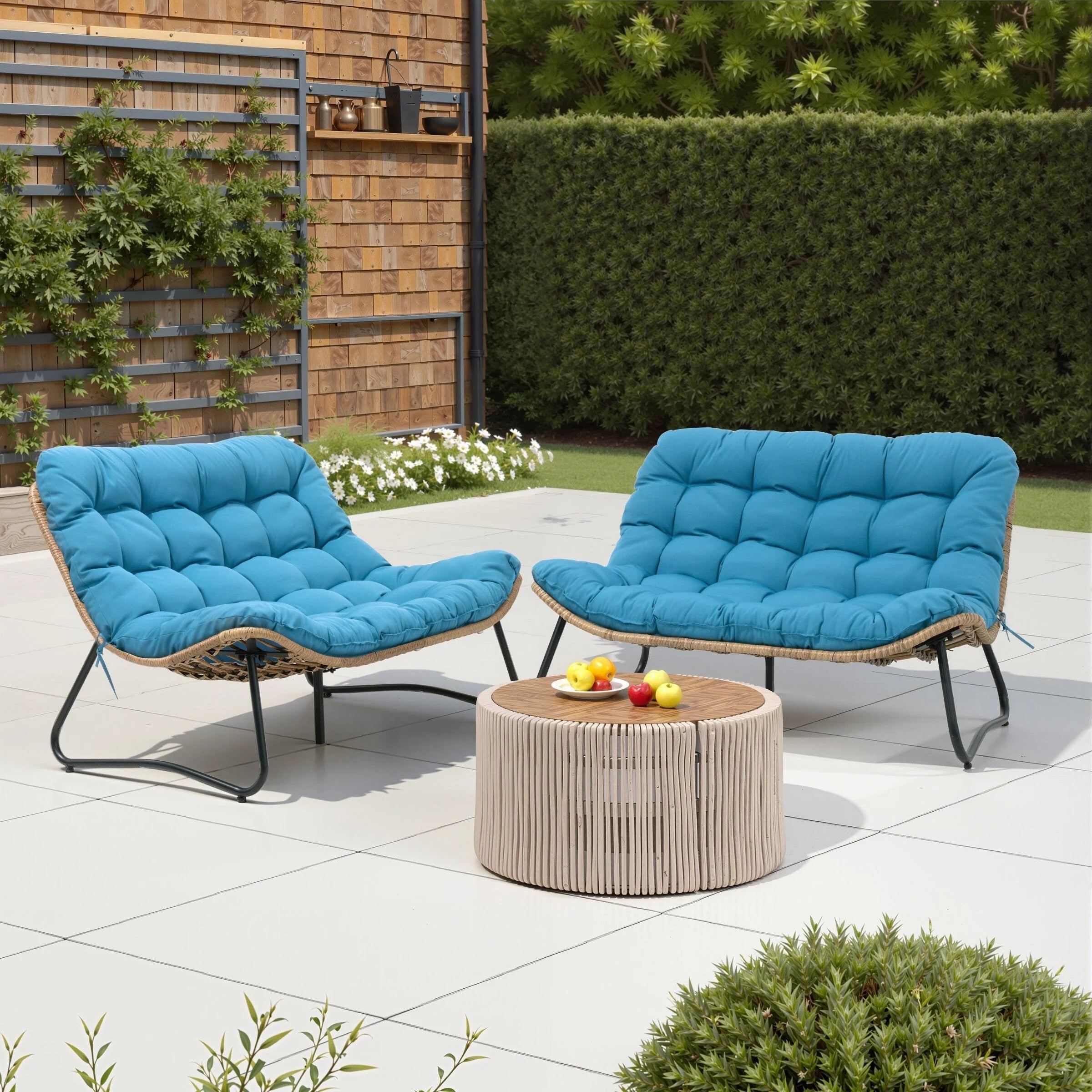 Fauteuil Papasan double deux places avec coussin, en rotin PE résistant aux intempéries et structure en métal pour intérieur et extérieur