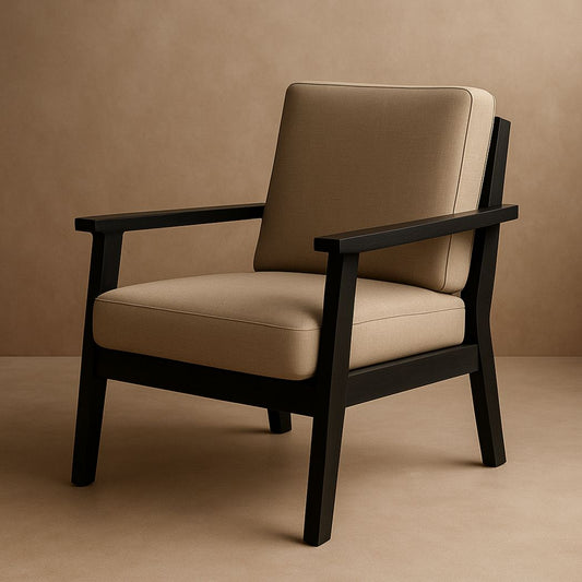 Fauteuil en bois massif et tissu beige moderne pour salon