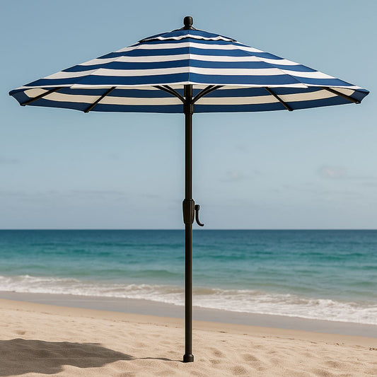 Parasol de plage rond polyester rayé bleu/blanc diamètre 300 cm