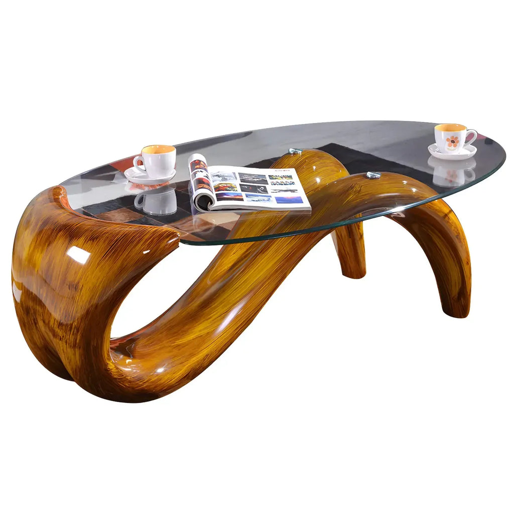 Table basse ovale moderne abstraite avec plateau en verre et piètement en métal