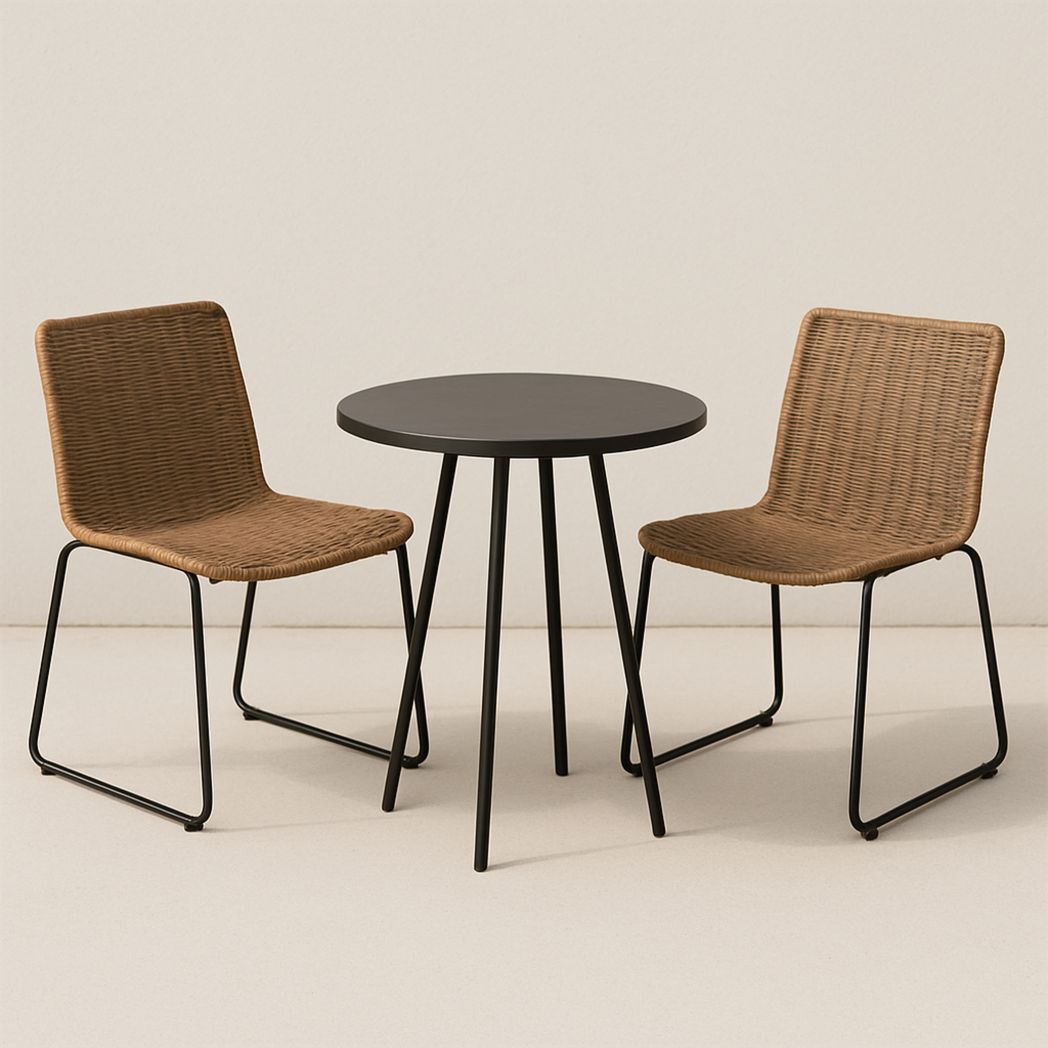 Ensemble de Table et Chaises 3 Pièces en Métal Noir et Rotin pour Intérieur/Extérieur