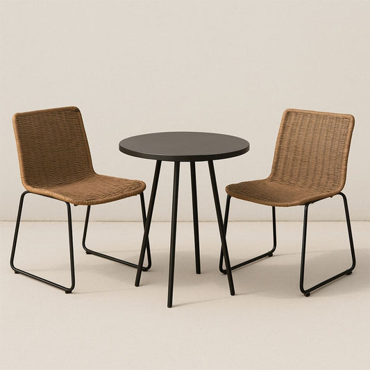 Ensemble de Table et Chaises 3 Pièces en Métal Noir et Rotin pour Intérieur/Extérieur