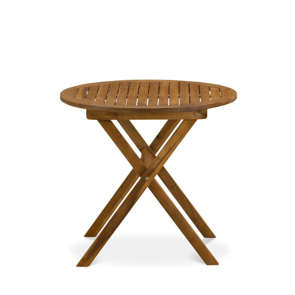 Ensemble bistro d'extérieur East West Furniture comprenant une table basse ronde en bois et 2 chaises pliantes, finition huile naturelle