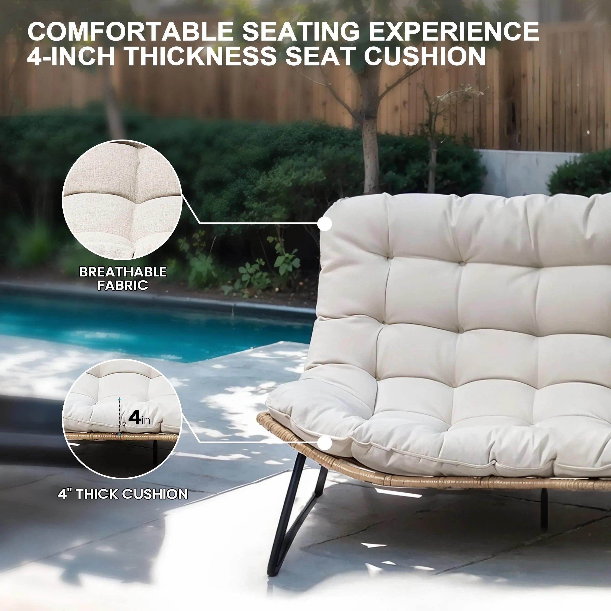 Fauteuil Papasan double deux places avec coussin, en rotin PE résistant aux intempéries et structure en métal pour intérieur et extérieur