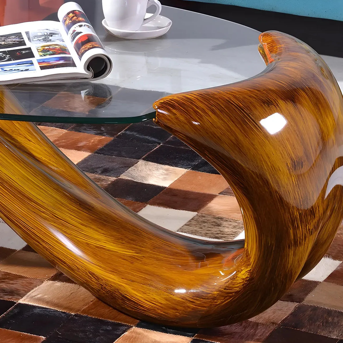 Table basse ovale moderne abstraite avec plateau en verre et piètement en métal