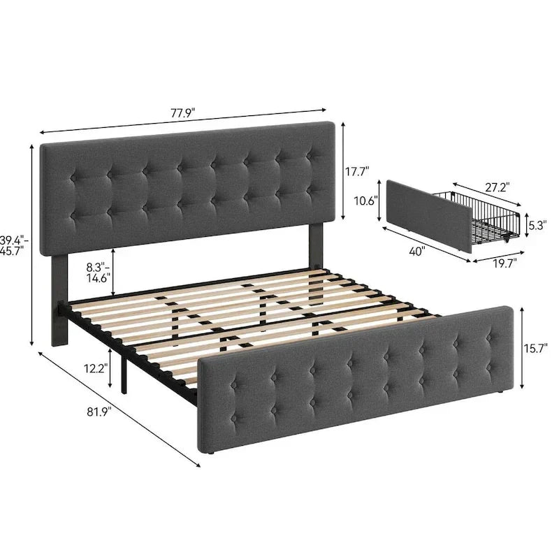 Cadre de lit King Size avec 4 tiroirs de rangement et tête de lit