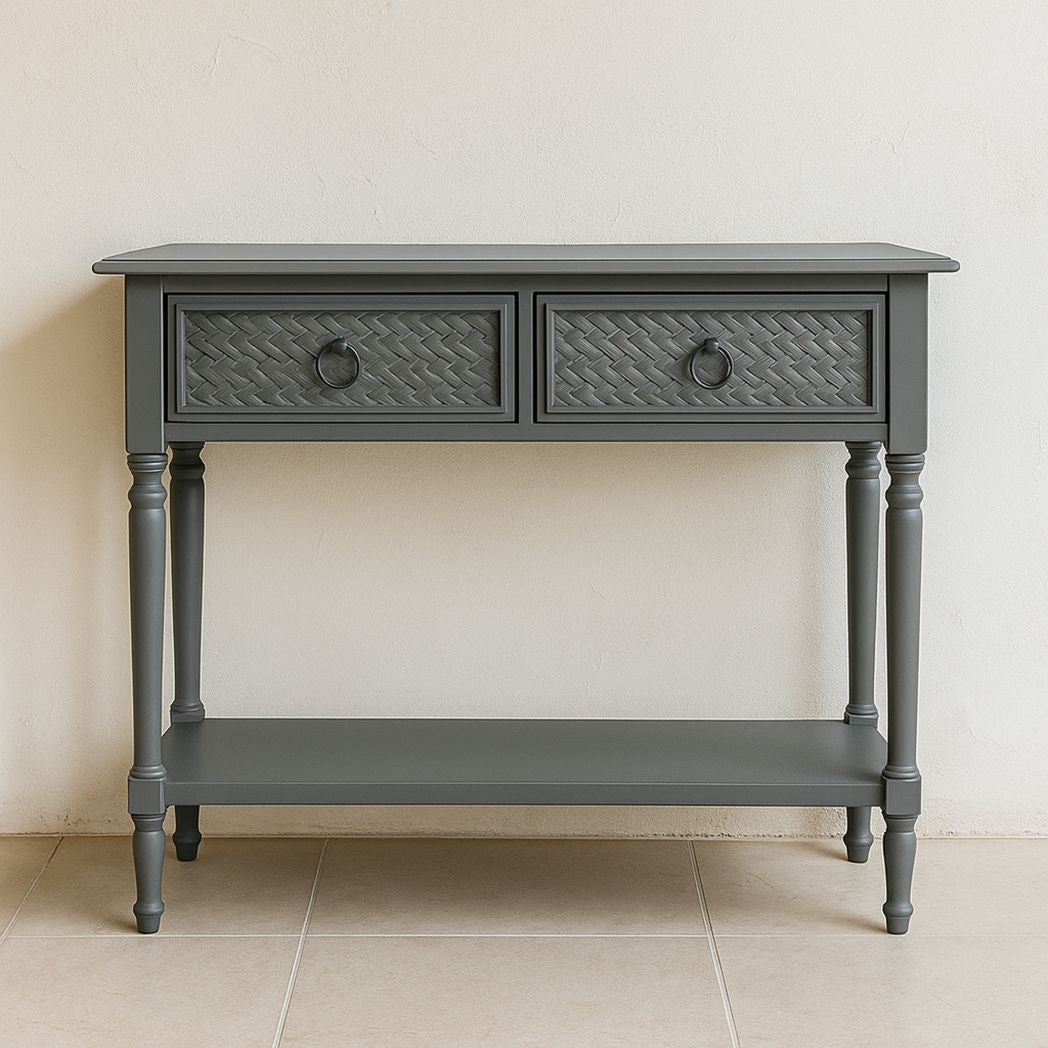 Table console rectangulaire en bois MDF avec surface texturée gris foncé, 2 tiroirs, 1 étagère, 120x40x80 cm