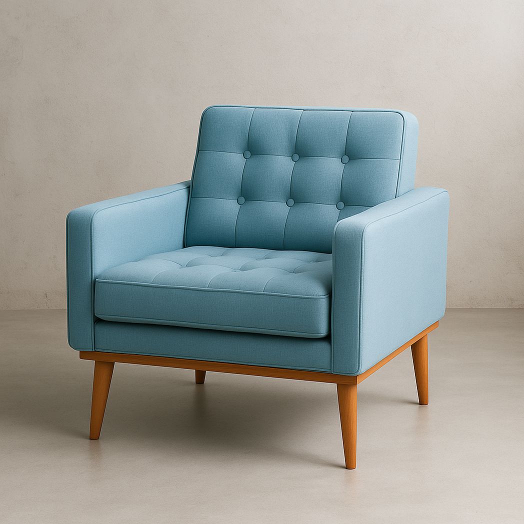 Fauteuil individuel en tissu bleu polyester avec cadre en bois de hêtre